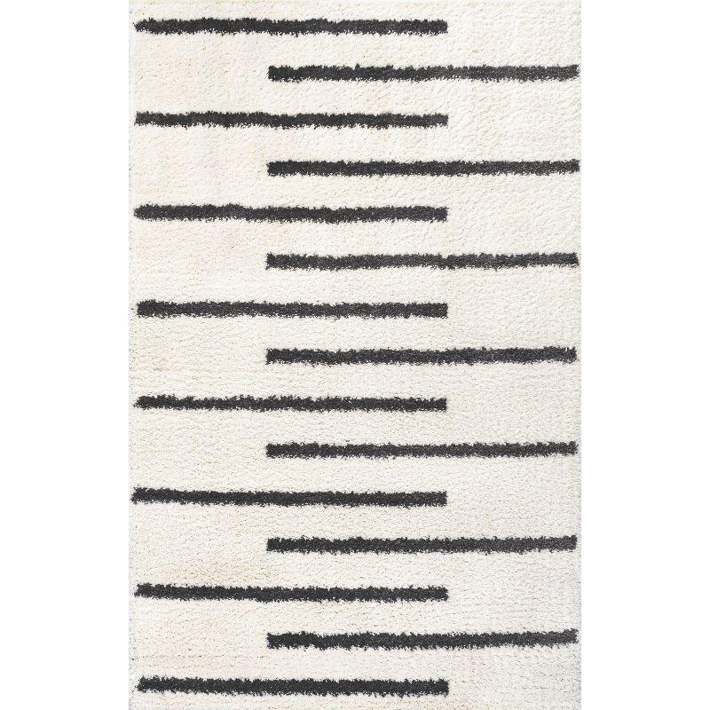 3'x5' Alaro Berber Stripe Shag Area Rug, White/Black - JONATHAN Y