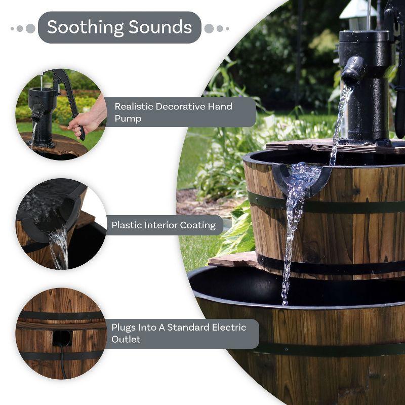 Sunnydaze 34"H Electric Fir Wood 2-Tier Farmhouse Barrel with Metal Decorative Hand Pump Outdoor Water Fountain