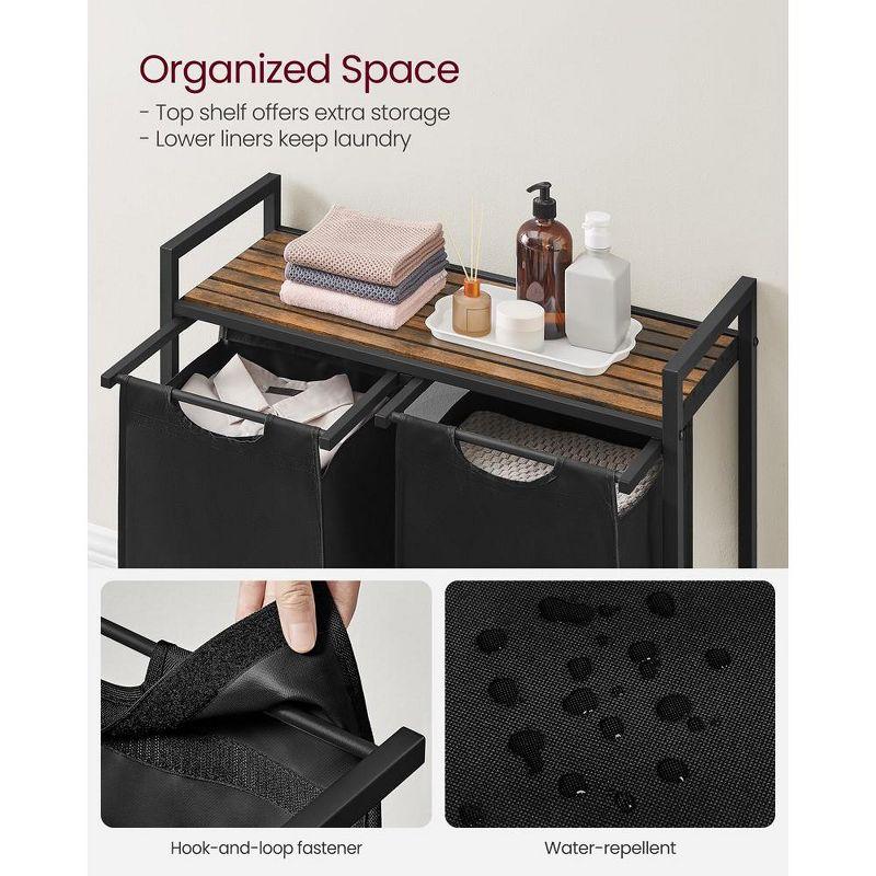 VASAGLE 46L Laundry Hamper Laundry Basket with 2 Pull-Out Bags Laundry Sorter with Shelf Rustic Brown and Black