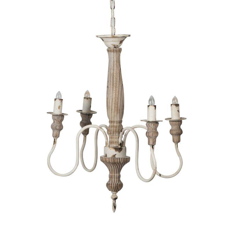Distressed White and Natural Wood 4-Light Classic Chandelier
