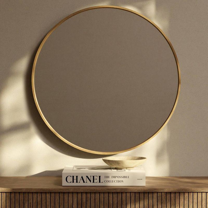 32" Wood Round Mirror Natural - WallBeyond: Pine Frame, Wall Mount, Modern Decor