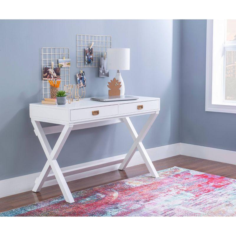 Elegant White Wood Campaign Desk with Rose Gold Accents and Drawers