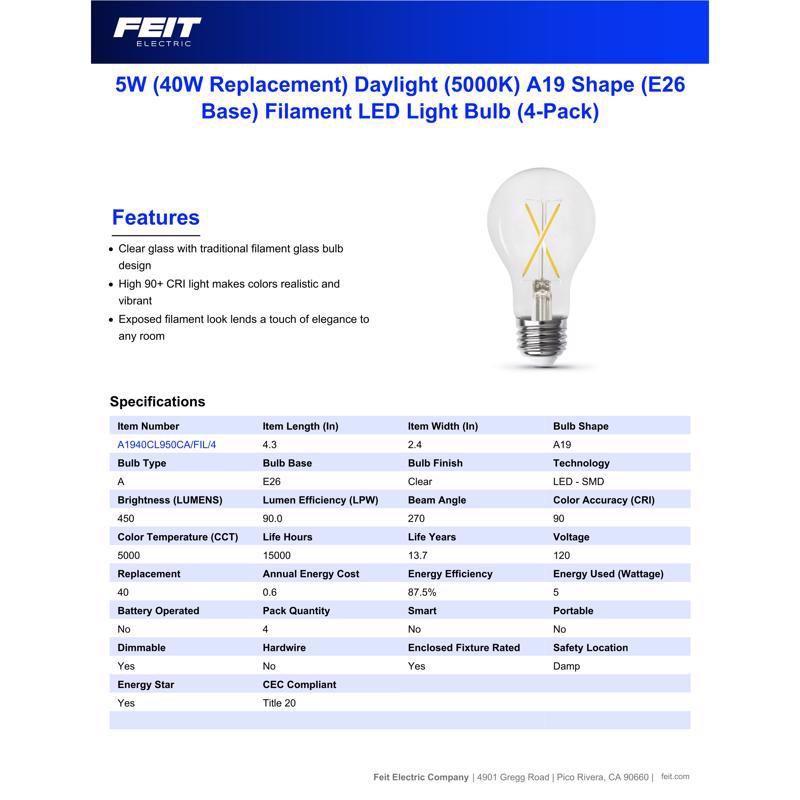 Feit Electric A19 E26 (Medium) Filament LED Bulb Daylight 40 Watt Equivalence 4 pk