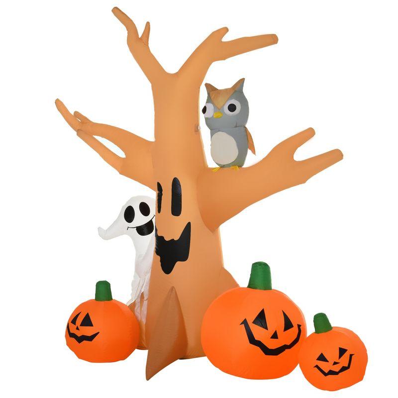 HOMCOM 7.5' Tall Lighted Inflatable Cute Halloween Decoration, Haunted Tree With Owl, Ghost, Pumpkins, Blow Up Outdoor LED Yard Display, Waterproof