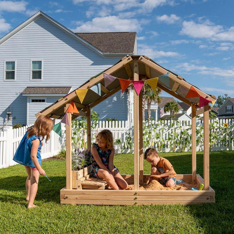 Funphix Dig n’ Play Wooden Sandbox Playhouse with Bench & Flower Planter, Outdoor Sand Pit for Kids