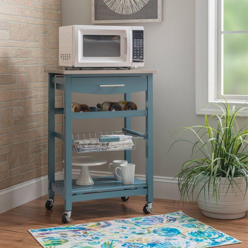 Clarke Stainless Steel Kitchen Cart with Wine Rack in Blue