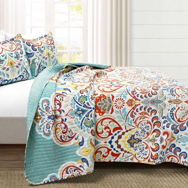 Boho Chic Reversible Oversized Cotton Quilt Seafoam/Red 3Pc Set Full/Queen