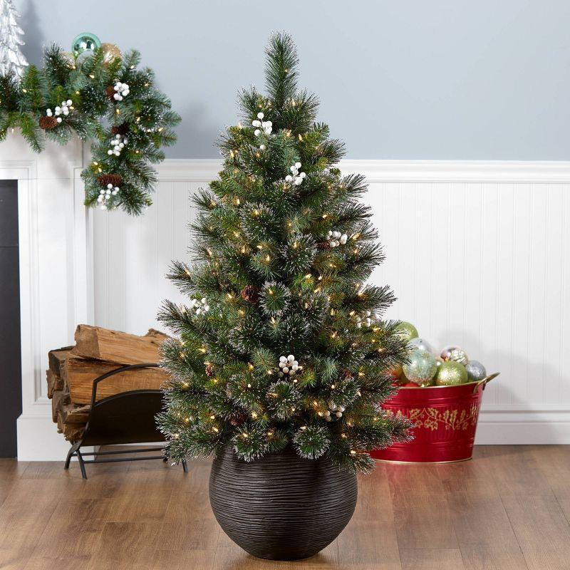 HGTV 4' Pre-lit Glittered Potted Crestwood Spruce Mini Artificial Christmas Tree with White Lights