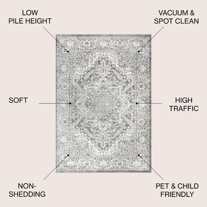 5' round Modern Persian Vintage Medallion Area Rug, Light Grey - JONATHAN Y