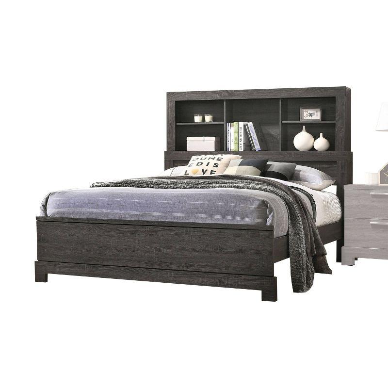 King-Sized Gray Oak Wood Frame Upholstered Bed with Bookcase Storage