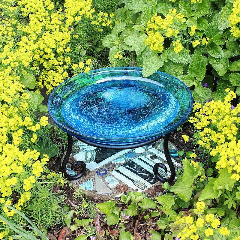 7" Reflective Crackle Glass Birdbath Bowl with Short Stand Teal Blue - Achla Designs: Weather-Resistant, No Assembly Required