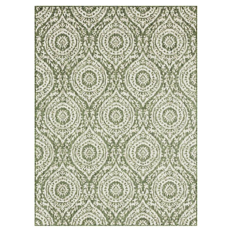 Olive and Ivory Moroccan Damask Indoor/Outdoor Rug