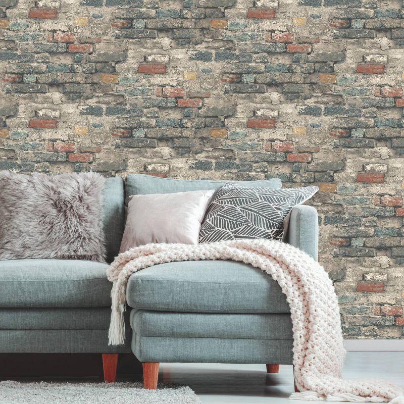 RoomMates Brick Alley Blue Peel and Stick Wallpaper: Industrial Vinyl, Self-Adhesive, Classic Brick Pattern, 28.18 Sq Ft Coverage