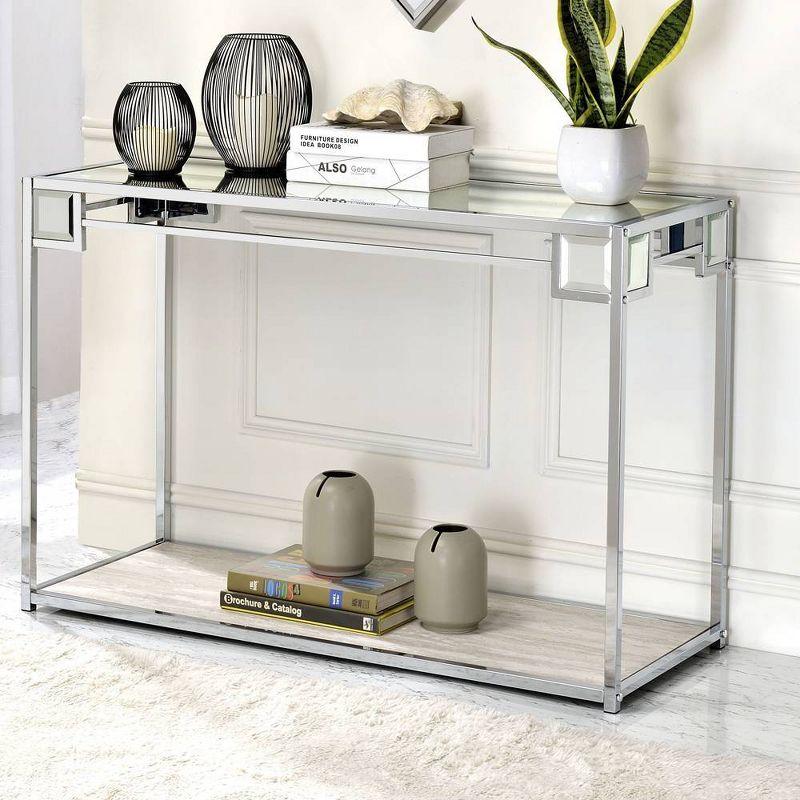 47" Mirrored Glass and Chrome Console Table with Storage