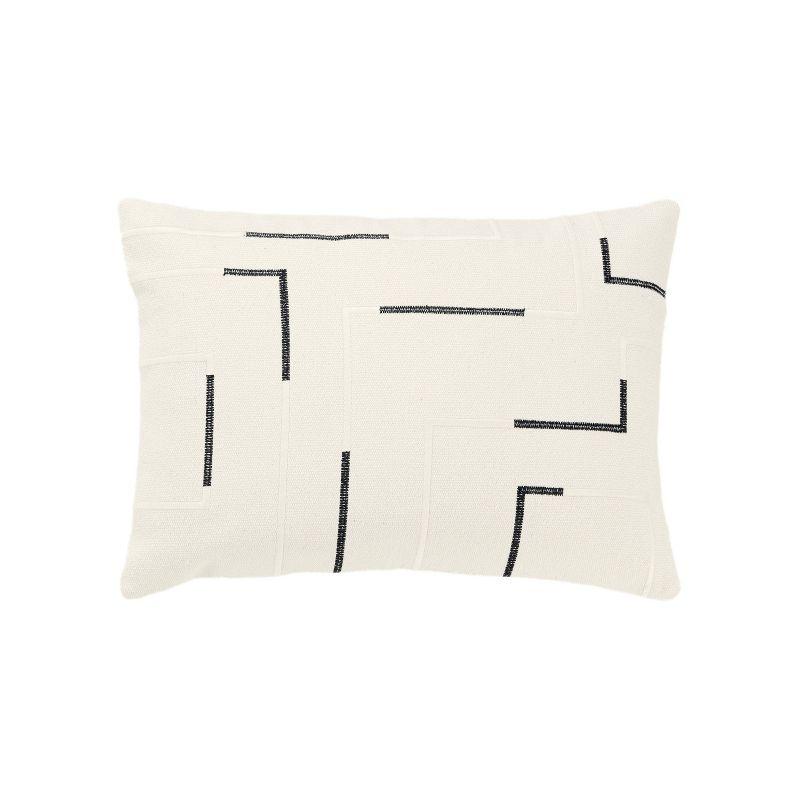 Ivory and Black Geometric Embroidered Cotton Throw Pillow