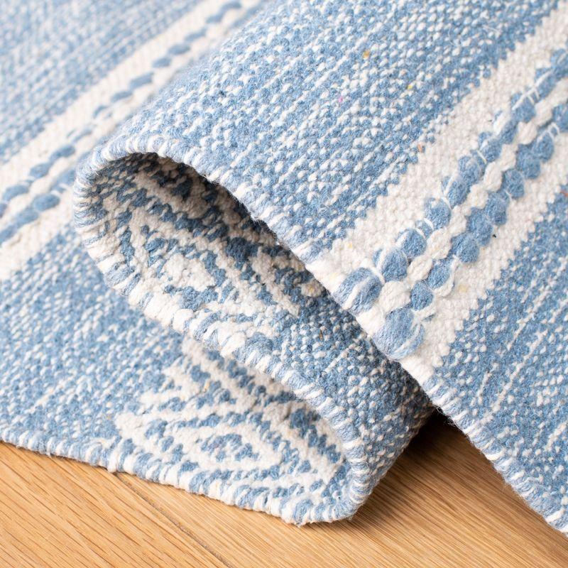 Ivory and Blue Striped Square Wool Cotton Area Rug