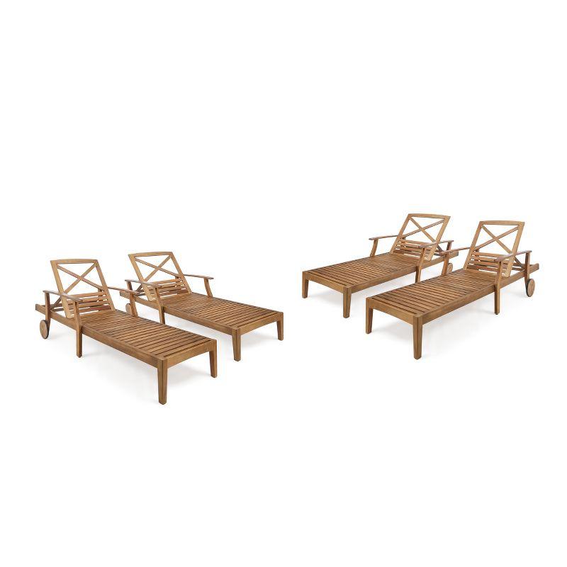 Perla 4pk Acacia Chaise Lounge - Teak - Christopher Knight Home: Outdoor Patio Furniture, Wheels, Water-Resistant