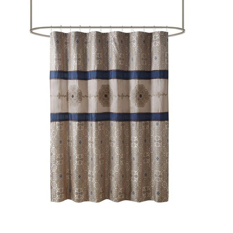 Donovan Navy and Beige Embroidered Fabric Shower Curtain