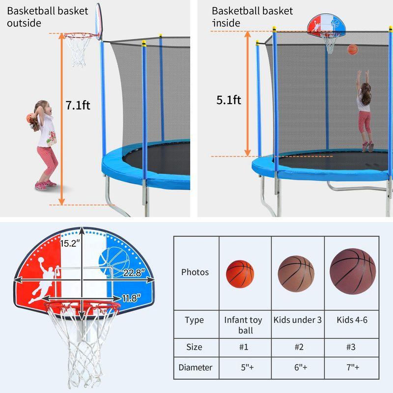 8-Foot Blue Round Trampoline with Safety Enclosure and Basketball Hoop