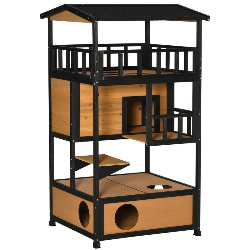 Yellow and Black Wooden Outdoor Cat House with Asphalt Roof