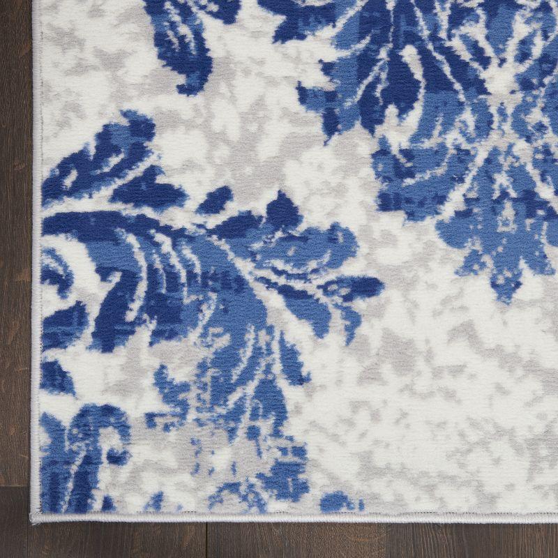 Ivory Navy Floral Damask 6' x 9' Synthetic Reversible Area Rug