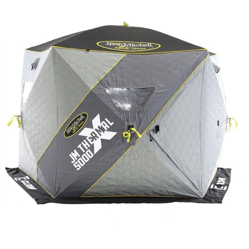 CLAM 14471 Portable 4 to 6 Person 9 Foot Jason Mitchell X5000 Ice Fishing Angler Thermal Hub Shelter Tent with Anchors, Tie Ropes, and Carrying Bag
