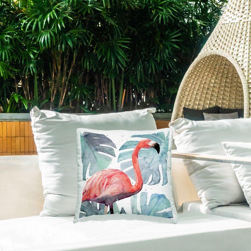 Tropical Flamingo and Green Palms Outdoor Pillow