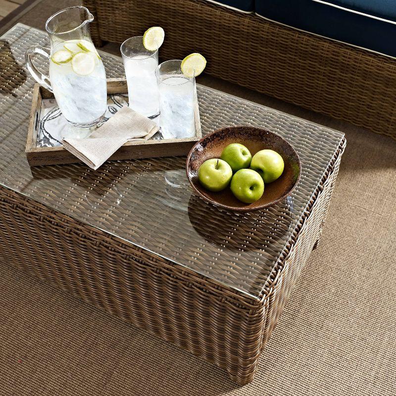 Bradenton Outdoor Wicker Coffee Table: Weathered Brown, Tempered Glass Top, UV-Resistant - Crosley
