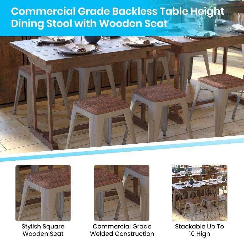 Flash Furniture 18" Backless Table Height Stool with Wooden Seat, Stackable Silver Metal Indoor Dining Stool, Commercial Grade - Set of 4