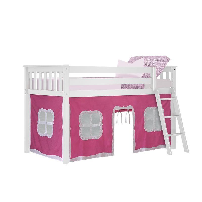 White Twin Low Loft Bed with Pink Curtains and Pine Frame