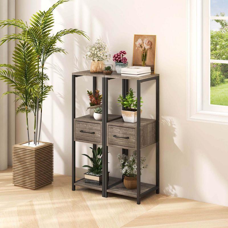 Gray and Black 3-Tier Metal Plant Stand with Drawer