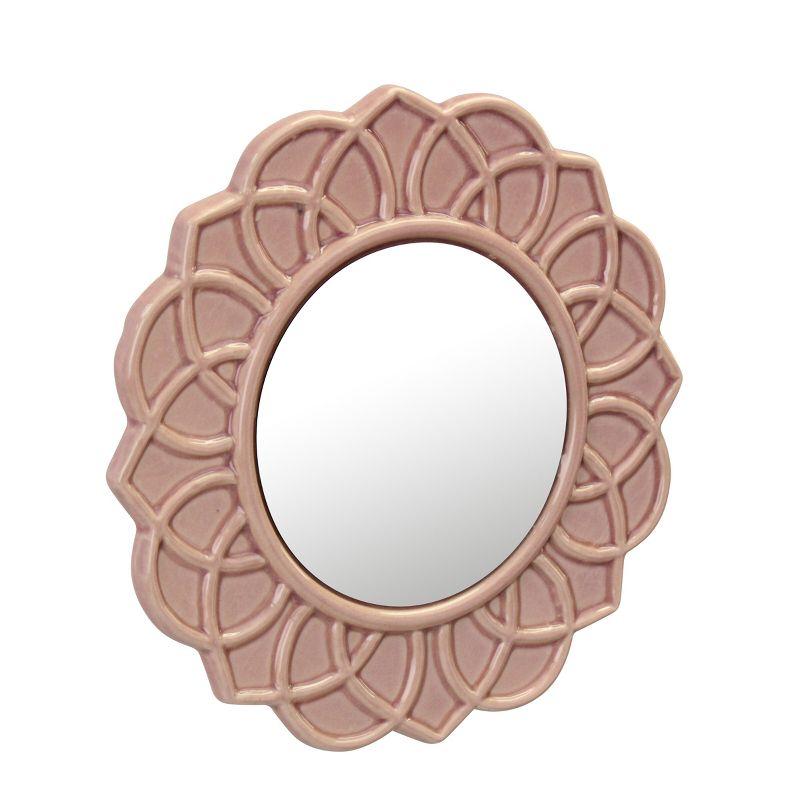 Stonebriar Collection 9" Round Floral Ceramic Wall Hanging Mirror Pink : Modern Decorative