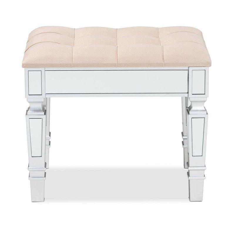 Elegant Beige Fabric Button-Tufted Ottoman with Silver Wood Frame