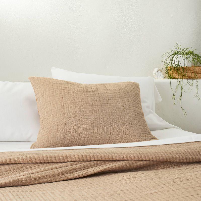 Standard Reversible Textured Cotton Chambray Coverlet Sham Natural/Warm Brown - Casaluna™: Jacquard Weave, Zipper Closure, OEKO-TEX Certified