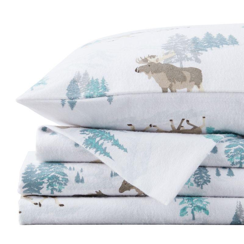 Queen Blue Moose Print Cotton Flannel Sheet Set