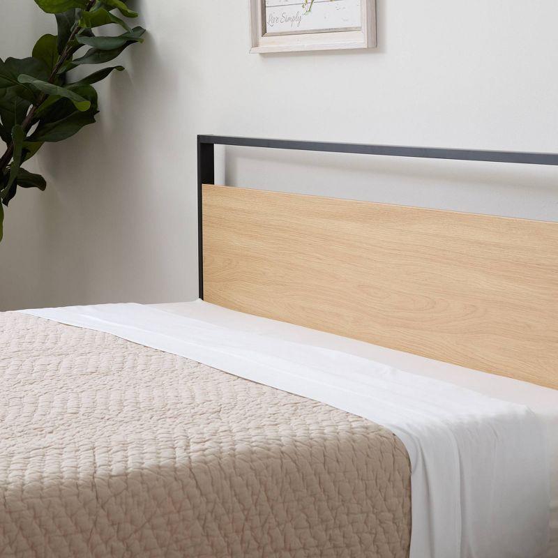 King Natural Wood and Upholstered Platform Bed with Headboard