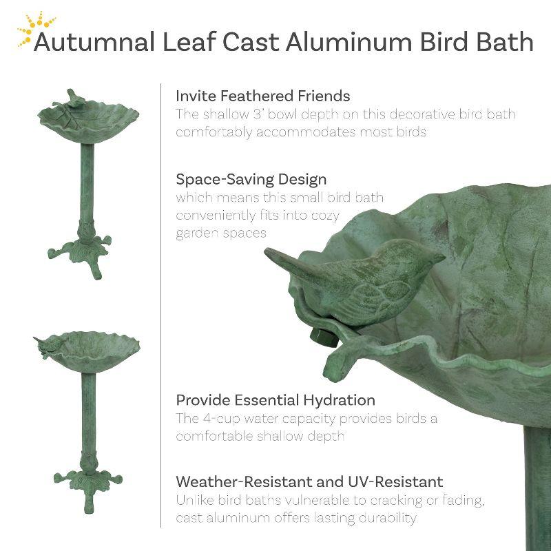 Autumnal Leaf Freestanding Cast Aluminum Outdoor Bird Bath - Green Patina