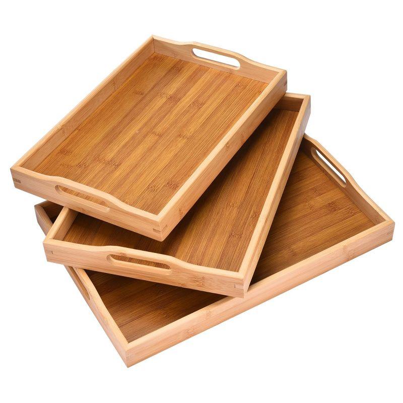 Natural Bamboo Serving Trays with Handles, Set of 3