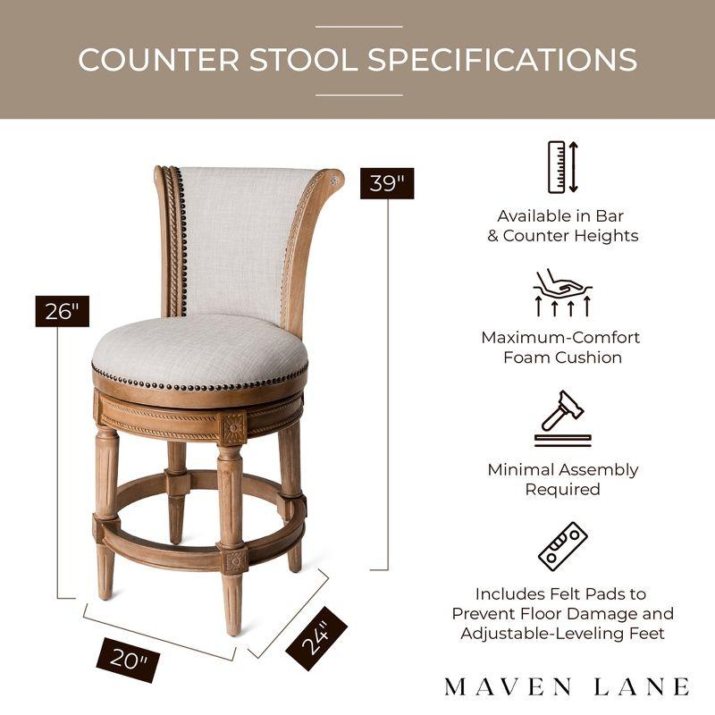 Maven Lane Pullman 26 Inch Tall Counter Height Upholstered Barstool with Back in Weathered Oak Finish with Sand Color Fabric Cushion Seat, Set of 4