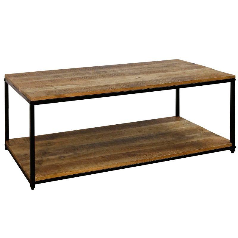 StyleCraft Iron Frame and Lower Shelf Rectangle Coffee Table Natural/Black: Mango Wood, Industrial Style, Fixed Shelf