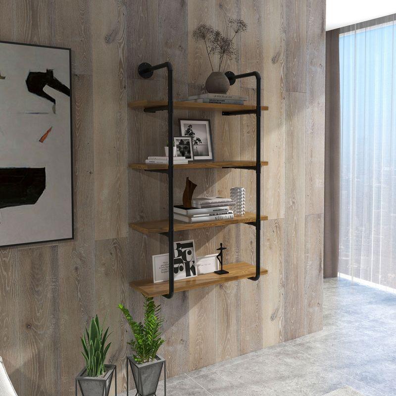 Industrial Brown Steel and Wood 4-Tier Wall Shelf