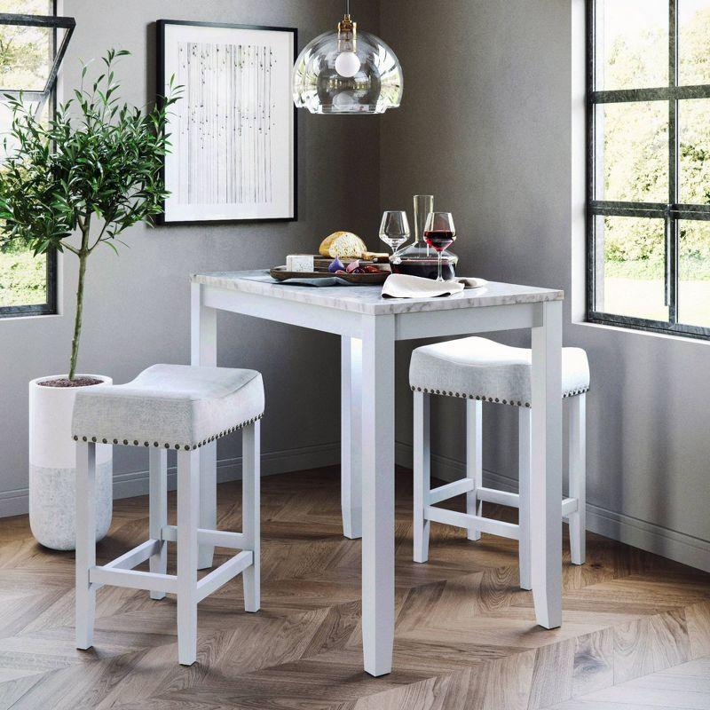 38&#34; Solid Wood Pub Dining Table and Stool Set White Marble/Light Gray Linen - Nathan James