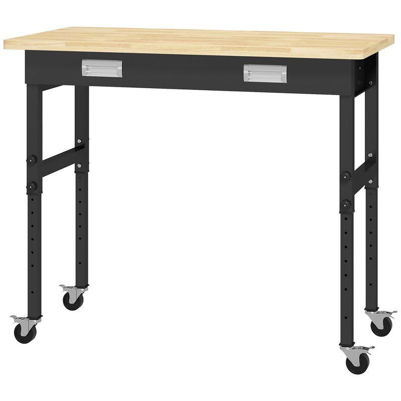 HOMCOM 47" Work Bench with Drawer, Height Adjustable Legs, Bamboo Tabletop Workstation Tool Table on Wheels for Garage, 1320 Lbs, Black/Natural