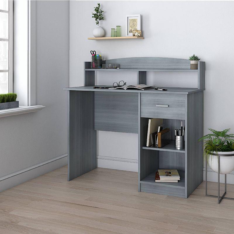 Modern Office Desk with Hutch Gray - Techni Mobili: Laminated Particle Board, Storage Hutch