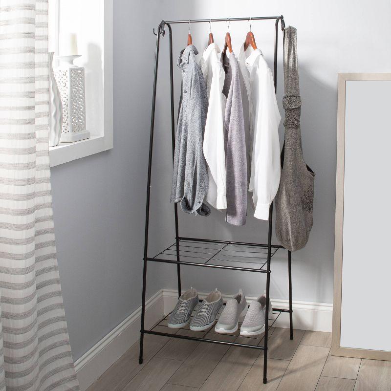 Organize It All Clothing Garment Rack with 2 Shelves and 2 Hooks Black