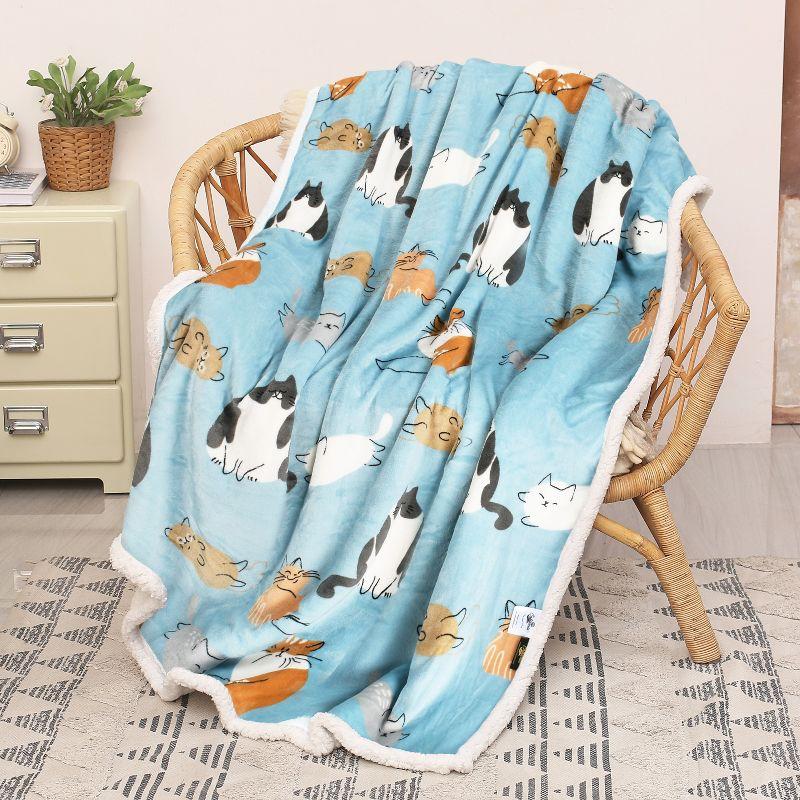 Blue Cat Print Reversible Sherpa Fleece Toddler Blanket