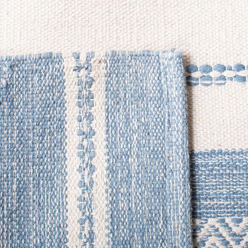 Ivory and Blue Striped Square Wool Cotton Area Rug