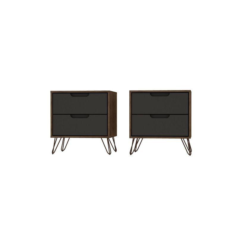 Set of 2 Rockefeller 2 Drawer Nightstands Nature/Textured Gray - Manhattan Comfort: Modern Splayed Metal Legs, MDF
