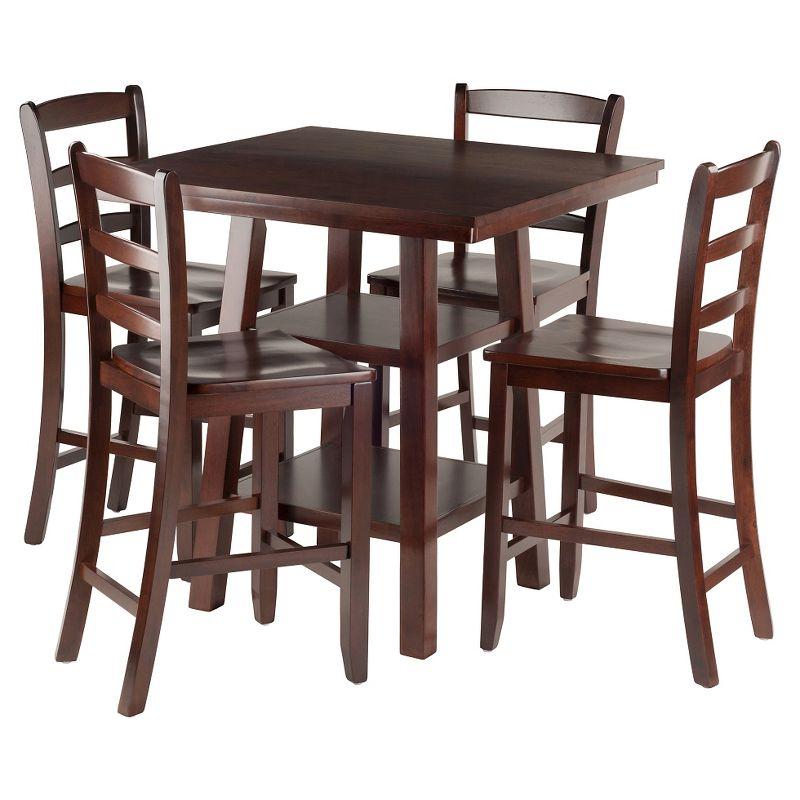 Transitional Brown Square Pub Table with 4 Ladder Back Chairs