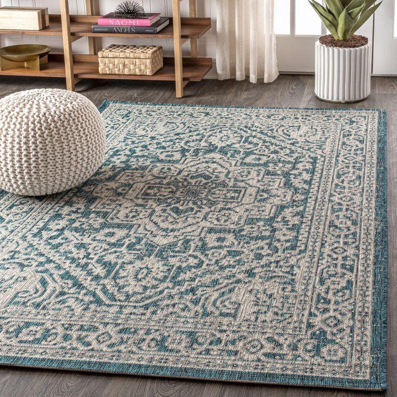3'x5' Sinjuri Medallion Textured Weave Indoor/Outdoor Area Rug,  Teal Blue/Gray - JONATHAN Y